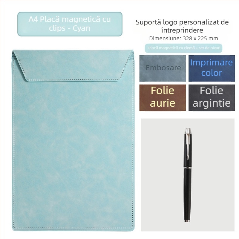 Dosar A4 din piele pentru conferințe cu clipboard, suprafață de scris și suport pentru cești – personalizare logo