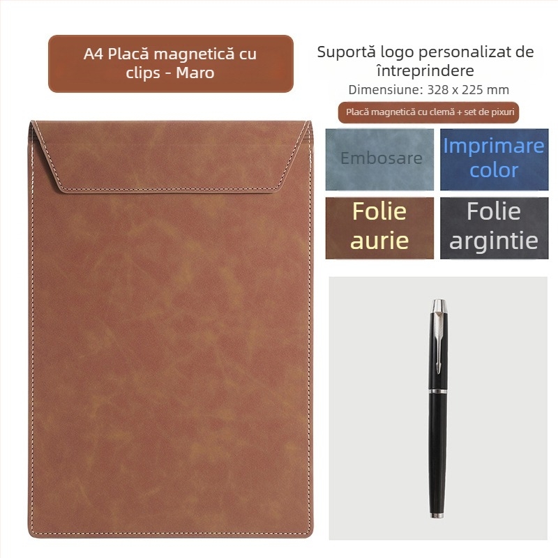 Dosar A4 din piele pentru conferințe cu clipboard, suprafață de scris și suport pentru cești – personalizare logo