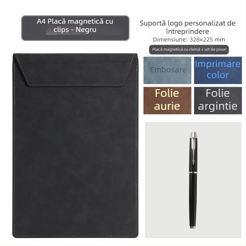 Dosar A4 din piele pentru conferințe cu clipboard, suprafață de scris și suport pentru cești – personalizare logo