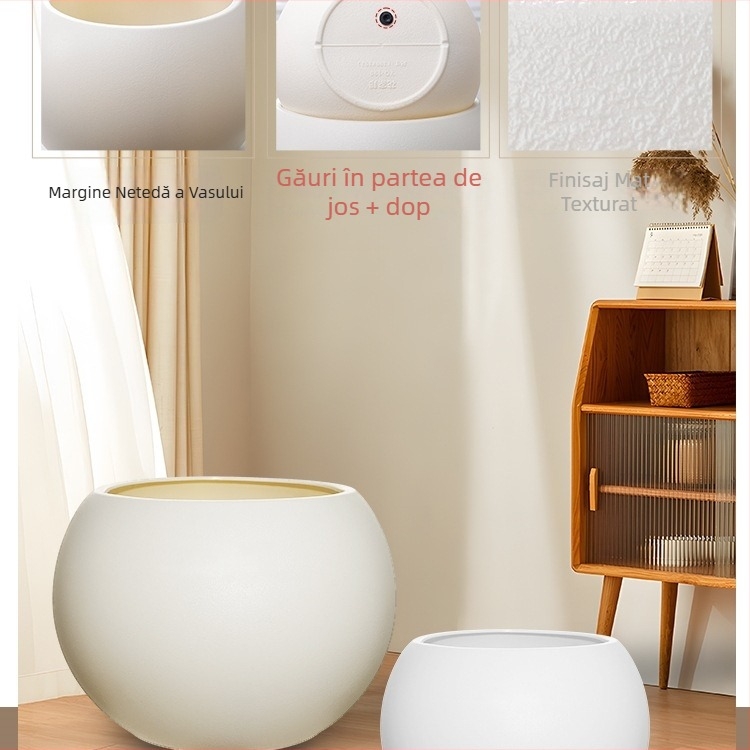 Ghiveci sferic din rășină pentru living, design minimalist de lux, mare, negru ca diamant
