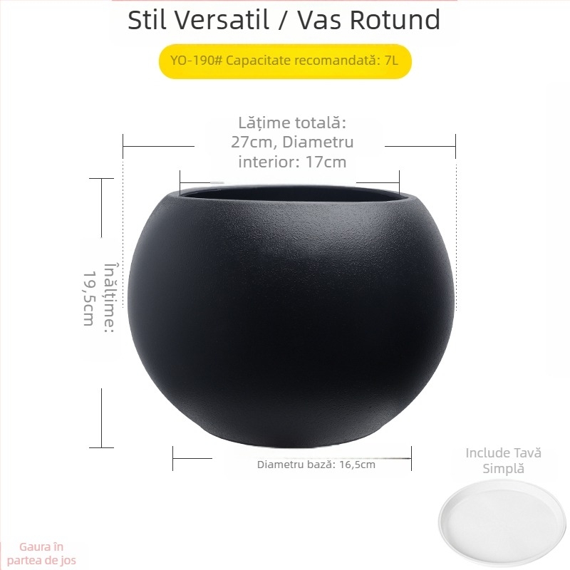 Ghiveci sferic din rășină pentru living, design minimalist de lux, mare, negru ca diamant