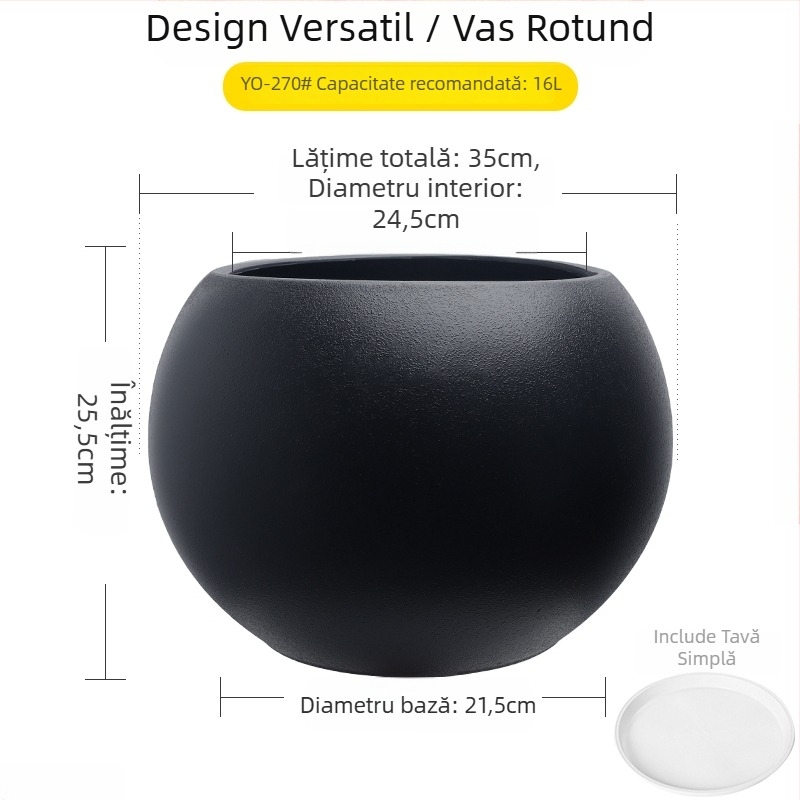 Ghiveci sferic din rășină pentru living, design minimalist de lux, mare, negru ca diamant