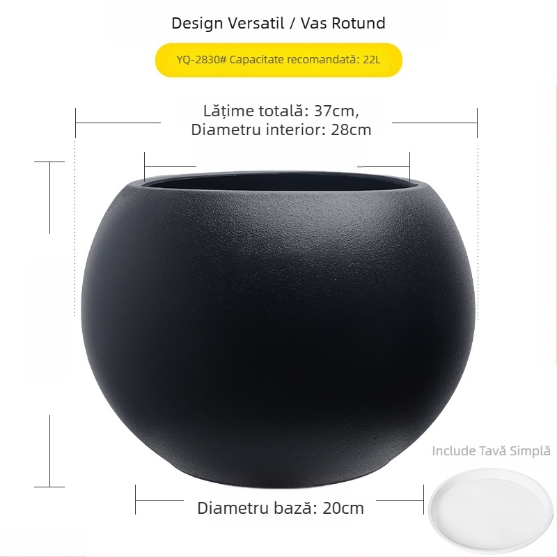 Ghiveci sferic din rășină pentru living, design minimalist de lux, mare, negru ca diamant