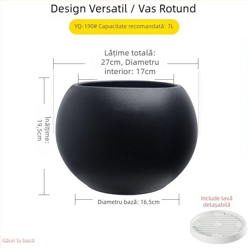 Ghiveci sferic din rășină pentru living, design minimalist de lux, mare, negru ca diamant
