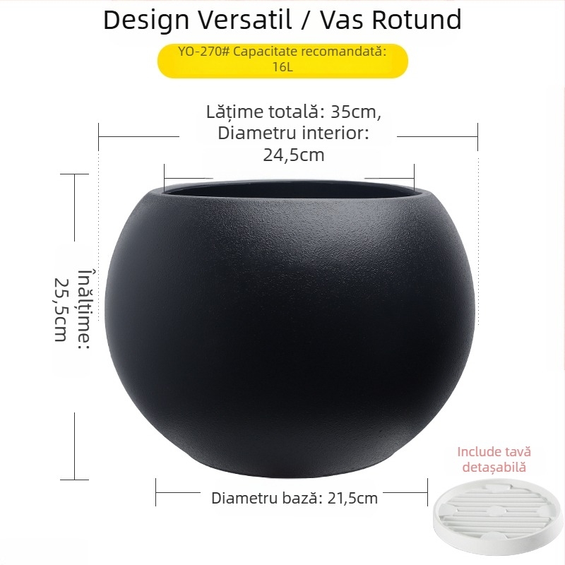 Ghiveci sferic din rășină pentru living, design minimalist de lux, mare, negru ca diamant