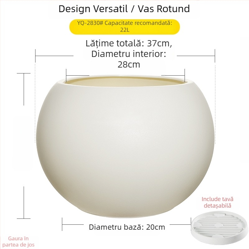 Ghiveci sferic din rășină pentru living, design minimalist de lux, mare, negru ca diamant