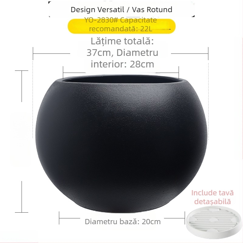 Ghiveci sferic din rășină pentru living, design minimalist de lux, mare, negru ca diamant