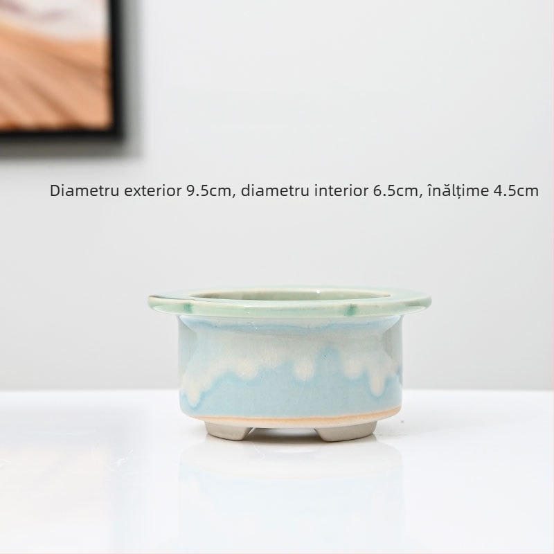 Ghiveci ceramic pentru suculente, cu model de fisuri de gheață, ceramică poroasă, controlul rădăcinilor, pentru tulpini mici și vechi, cu farfurie