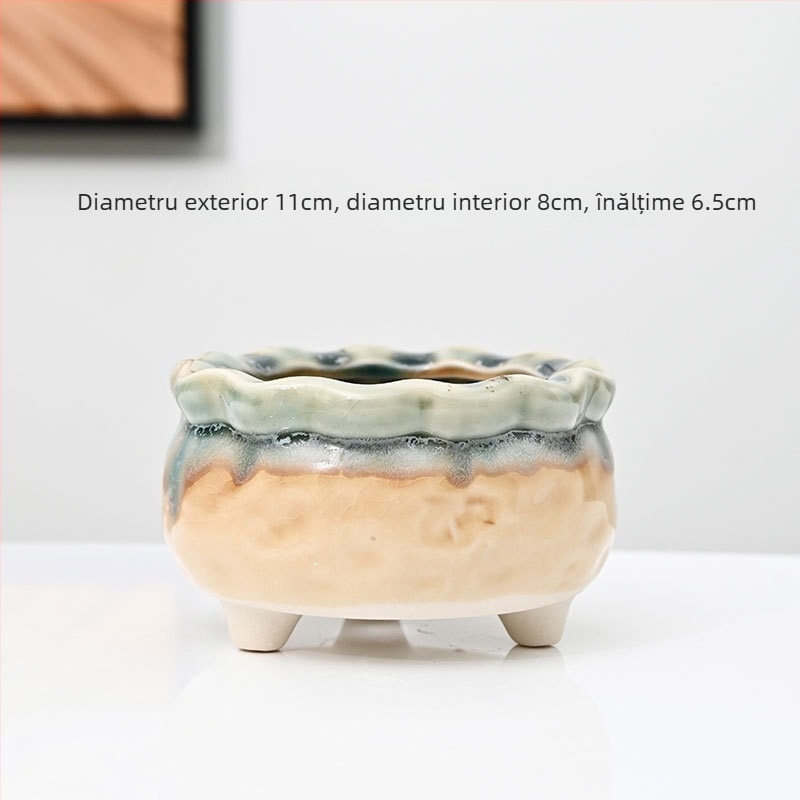 Ghiveci ceramic pentru suculente, cu model de fisuri de gheață, ceramică poroasă, controlul rădăcinilor, pentru tulpini mici și vechi, cu farfurie