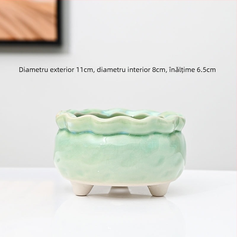 Ghiveci ceramic pentru suculente, cu model de fisuri de gheață, ceramică poroasă, controlul rădăcinilor, pentru tulpini mici și vechi, cu farfurie