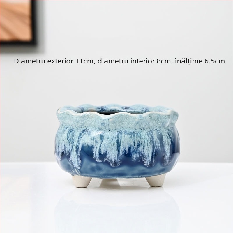 Ghiveci ceramic pentru suculente, cu model de fisuri de gheață, ceramică poroasă, controlul rădăcinilor, pentru tulpini mici și vechi, cu farfurie