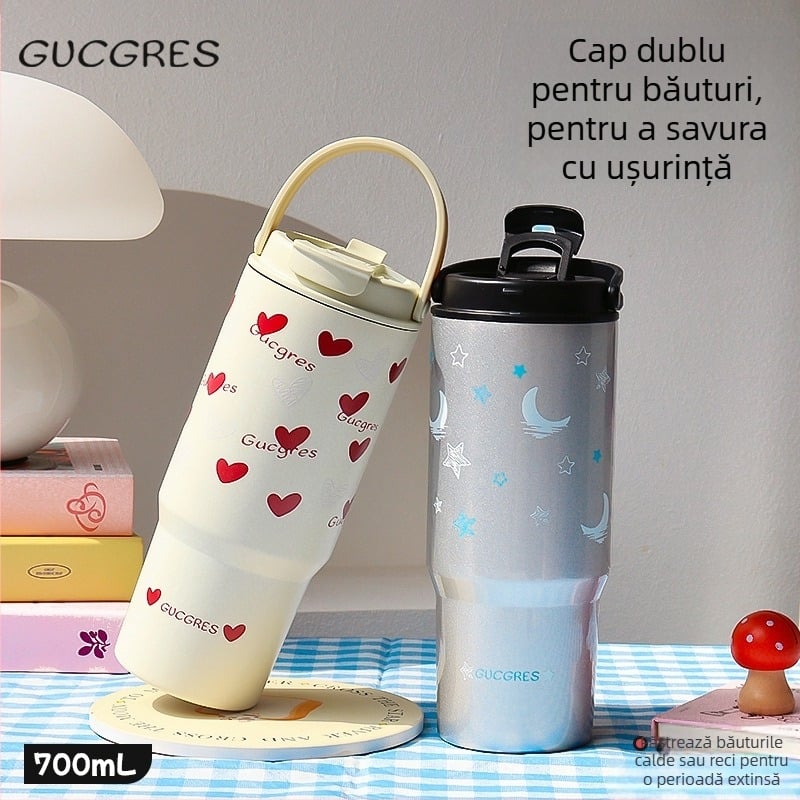 Cană izolată din oțel inoxidabil 316, capacitate mare, cu pai, menține băuturile reci 0-6 ore, design minimalist