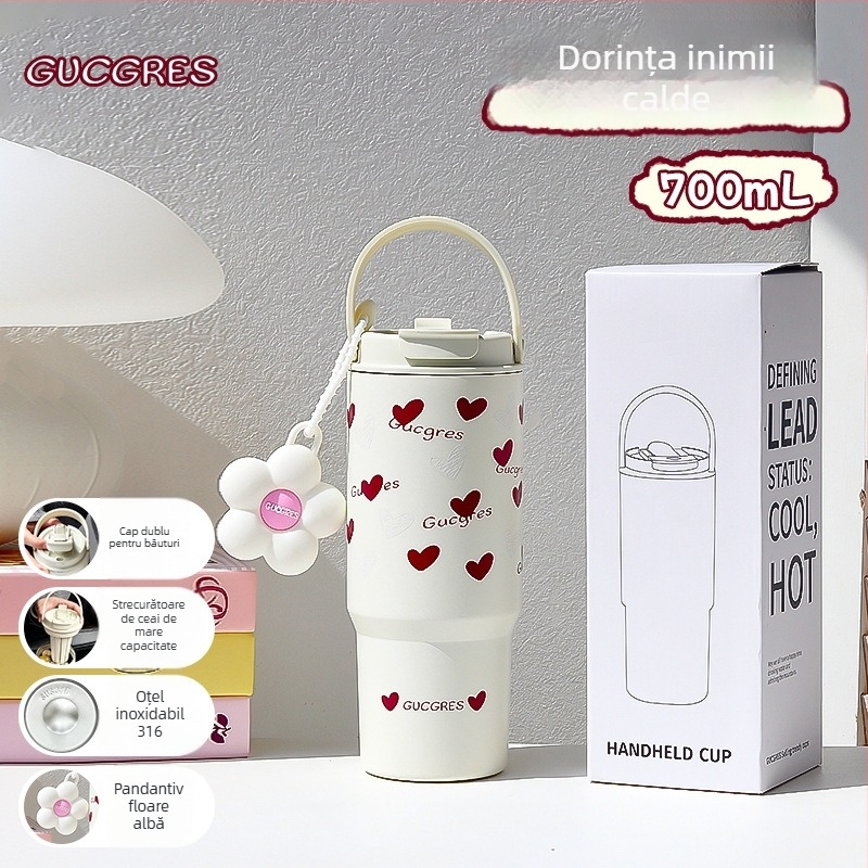Cană izolată din oțel inoxidabil 316, capacitate mare, cu pai, menține băuturile reci 0-6 ore, design minimalist
