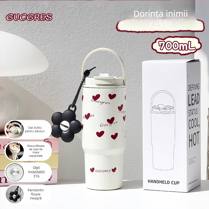 Cană izolată din oțel inoxidabil 316, capacitate mare, cu pai, menține băuturile reci 0-6 ore, design minimalist
