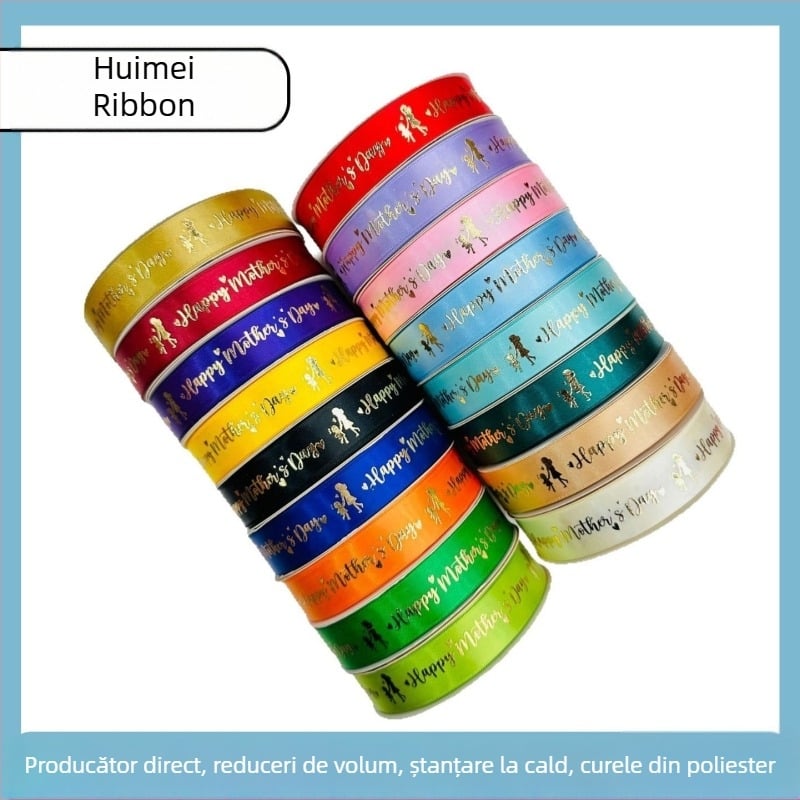 Panglică pentru Ziua Mamei cu ștampilare la cald în aur pentru decorarea cutiei cadou, fundă lucrată manual, panglică festivă pentru dar, lățime 2.5 cm