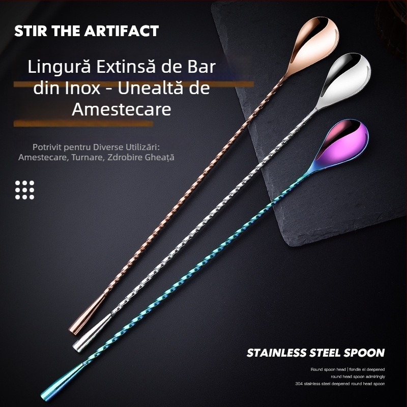 Lingură din oțel inoxidabil pentru cocktail și amestec de cafea, mâner lung, lingură de bar 304