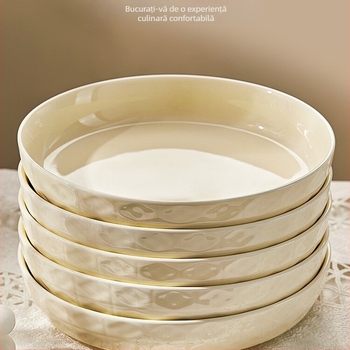 Platou adânc crem din porțelan, ceramică cu culoare sub glazură, rotund