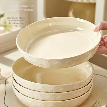 Platou adânc crem din porțelan, ceramică cu culoare sub glazură, rotund