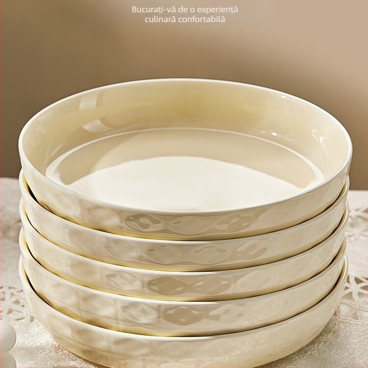 Platou adânc crem din porțelan, ceramică cu culoare sub glazură, rotund