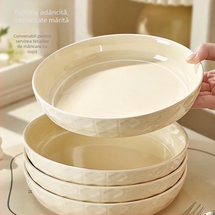 Platou adânc crem din porțelan, ceramică cu culoare sub glazură, rotund
