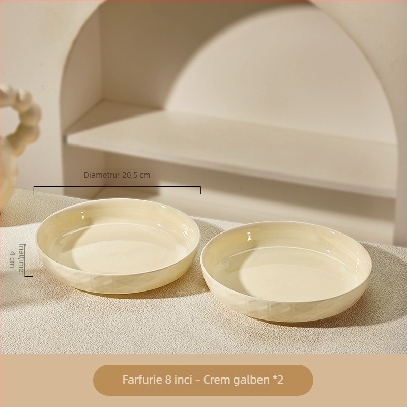 Platou adânc crem din porțelan, ceramică cu culoare sub glazură, rotund