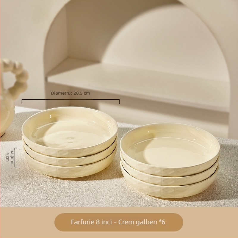 Platou adânc crem din porțelan, ceramică cu culoare sub glazură, rotund