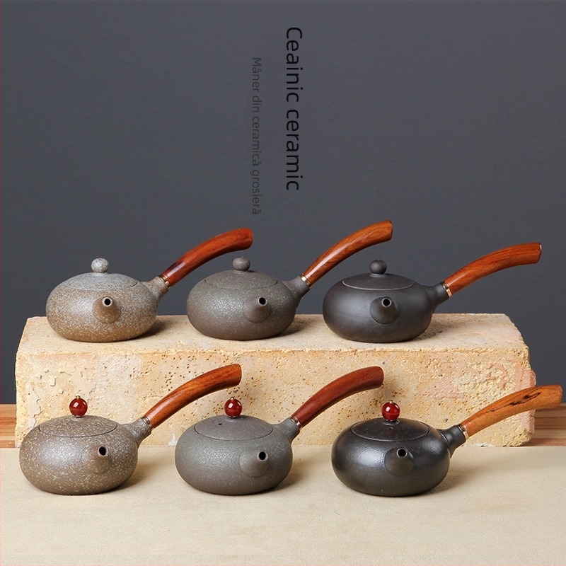 Ceainic japonez din ceramică pentru set Gongfu, ceainic ceramic cu mâner din lemn roșu, mic ceainic plat