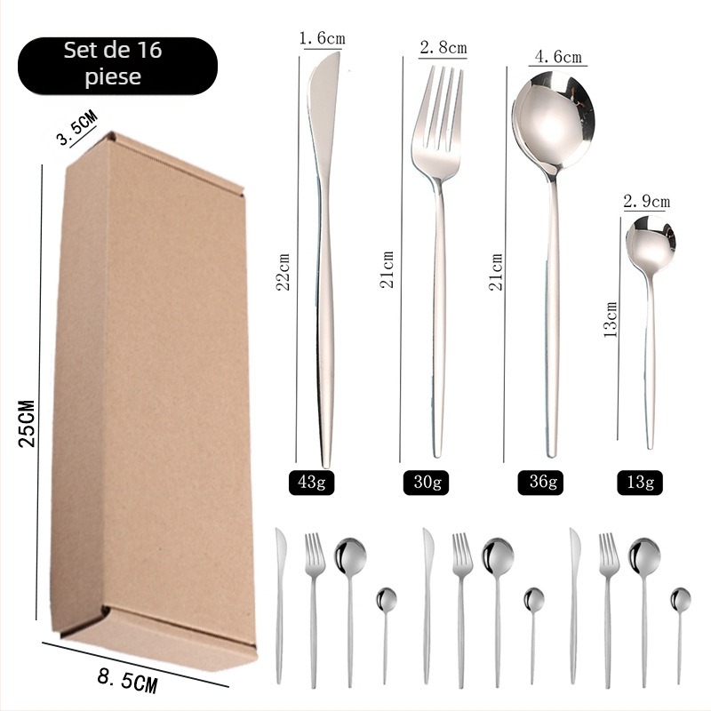 Set de tacâmuri din oțel inoxidabil, stil portughez, design nordic/occidental, cuțit, furculiță, lingură și lingură de desert, personalizare logo.