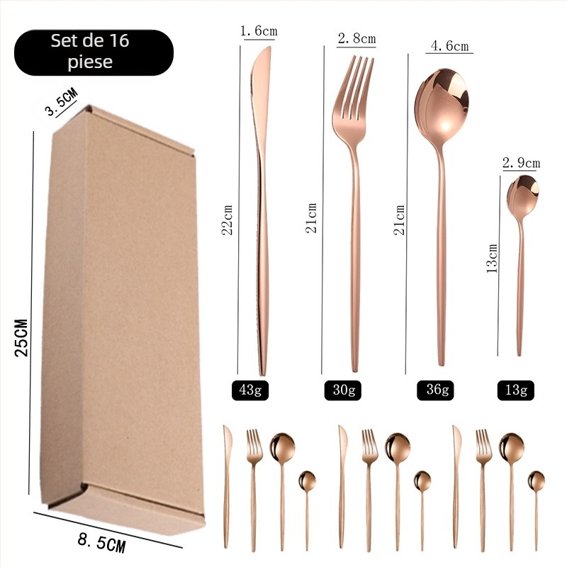 Set de tacâmuri din oțel inoxidabil, stil portughez, design nordic/occidental, cuțit, furculiță, lingură și lingură de desert, personalizare logo.