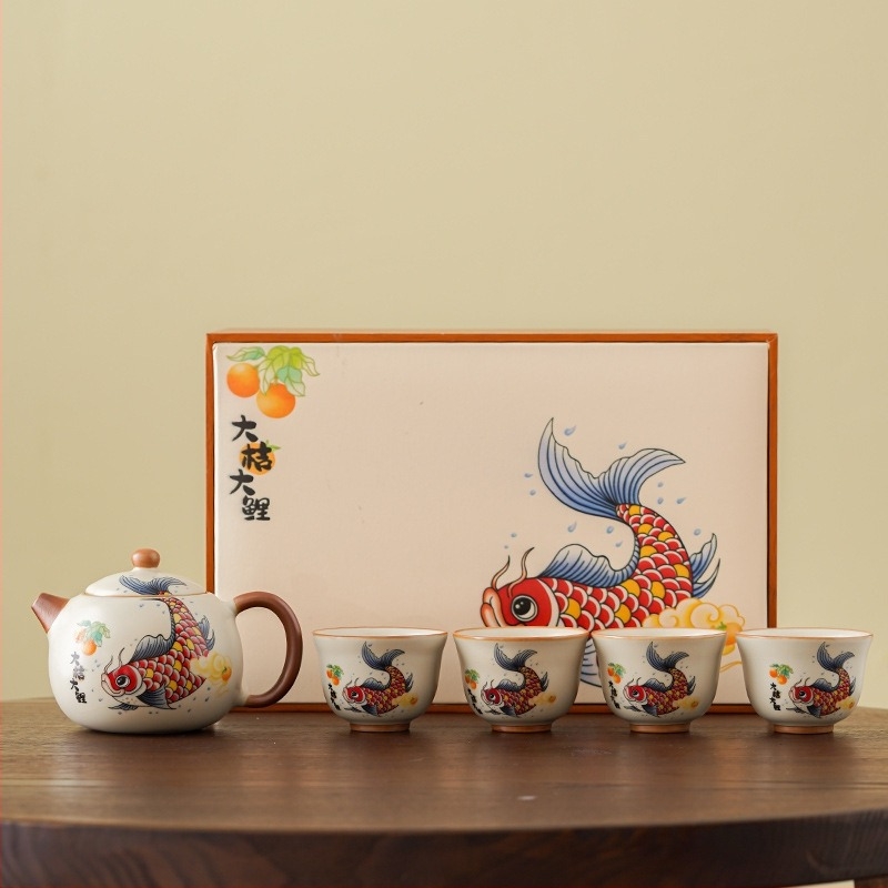 Set de ceai Kung Fu din porțelan Ru Kiln, pentru casă și birou, sală de ceai și recepții, inclusiv gaiwan și cești, set cadou premium