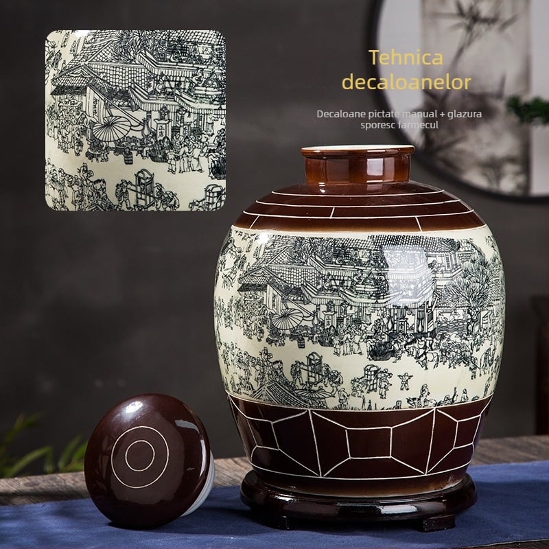 Borcan ceramic Jingdezhen pentru vin, sigilat, în stil Qingming, pentru uz casnic