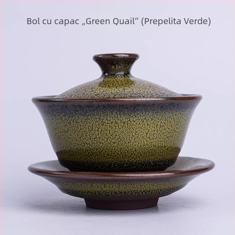 ceașcă de ceai Jianyang cu corp din fier, model Prepelița Verde, Zhang Guoping — set cadou în cutie