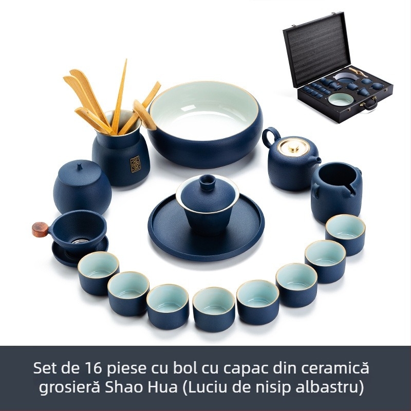 Set Gongfu de ceai din porțelan cu glazură crackle Ru kiln, ceainic și cești, cutie cadou luxoasă, logo personalizabil