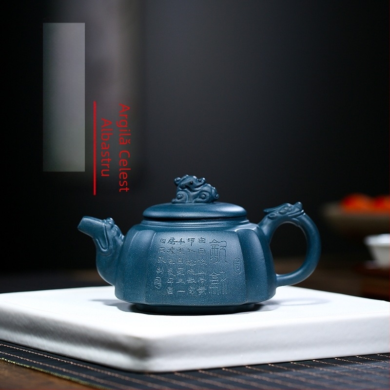 Ceainic Yixing din lut mov, cu lut ceresc albastru, stil Dragon Zun pătrat, lucrat manual