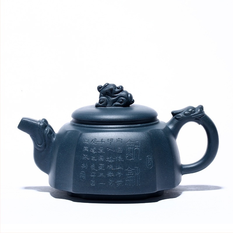 Ceainic Yixing din lut mov, cu lut ceresc albastru, stil Dragon Zun pătrat, lucrat manual