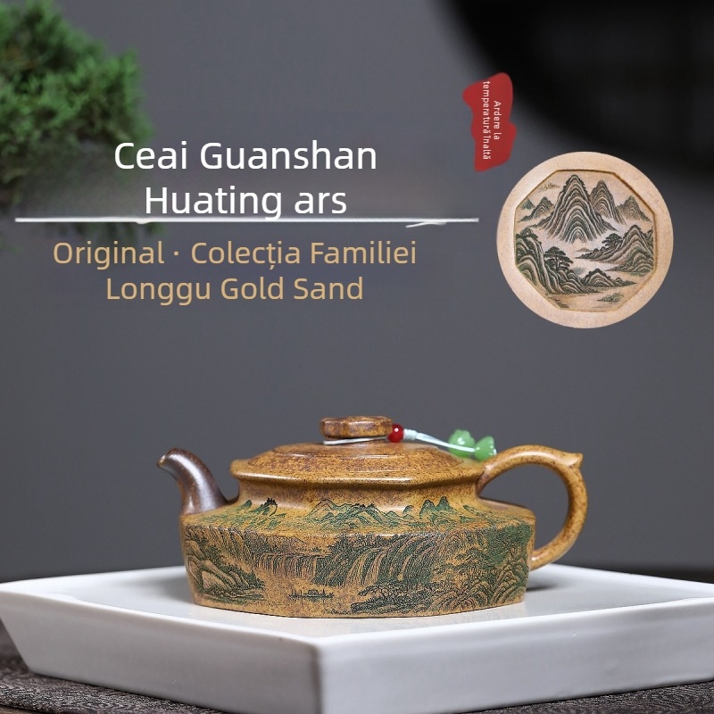 Ceainic Yixing din lut purpuriu, Dragon Bone Gold Sand, lucrat manual, ars la temperatură înaltă cu lemn, gravură Guanshan, stil Huating
