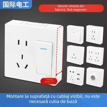 Panou ultra-subțire montat pe suprafață cu întrerupător și priză, cu cutie de cablaj, pentru iluminat de perete casnic