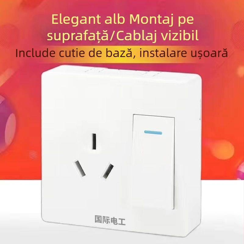Panou ultra-subțire montat pe suprafață cu întrerupător și priză, cu cutie de cablaj, pentru iluminat de perete casnic