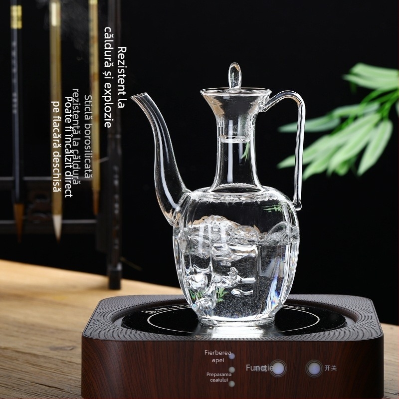 Ceainic din sticlă cu cioc lung, sticlă borosilikat de înaltă calitate, transparent, inspirat din dinastia Song, pentru ceai verde
