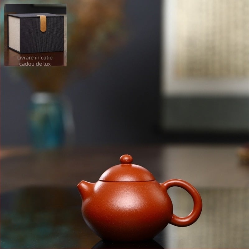 Ceainic Yixing din lut purpuriu, 130 ml, lut roșu cu textură piele de pară, stil Wendan, lucrat manual, tradițional