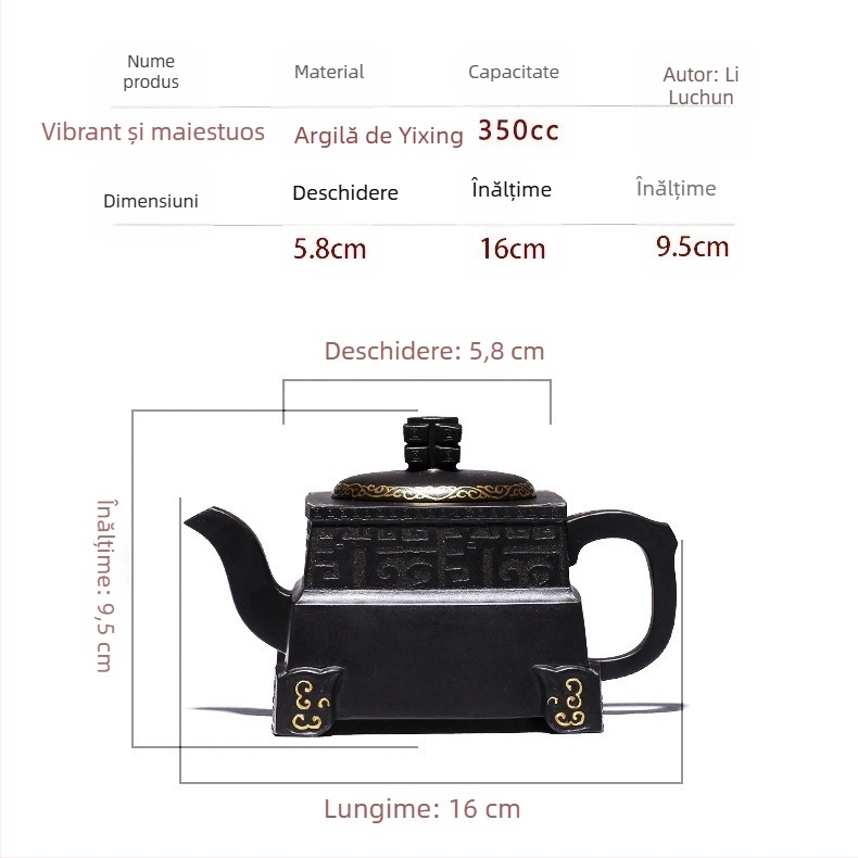 Ceainic Yixing din lut mov, lucrat manual de Maestrul Li Luchun, colecție renumită, material piatră galbenă cu conținut ridicat de fier pentru sănătate