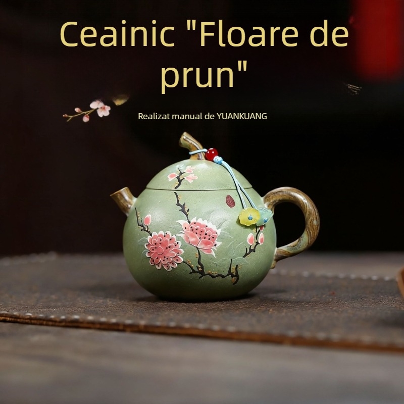 Ceainic Yixing din lut mov, semi-manual, lut nisipos verde-bean, set de ceai desăvârșit