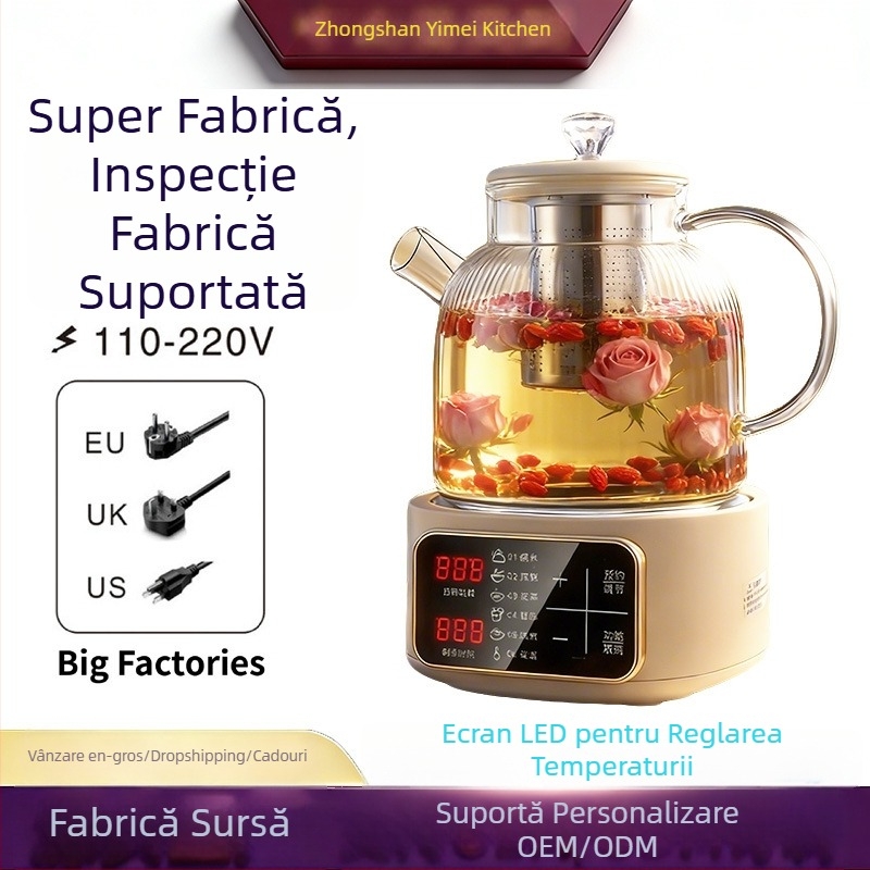 Ceainic din sticlă pentru ceai sănătos, cu infuzor floral, fierbător electric automat pentru casă sau birou