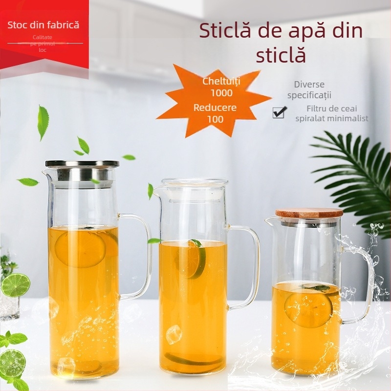 Ceainic din sticlă în stil japonez, capac din bambus, capacitate mare, corp drept, transparent
