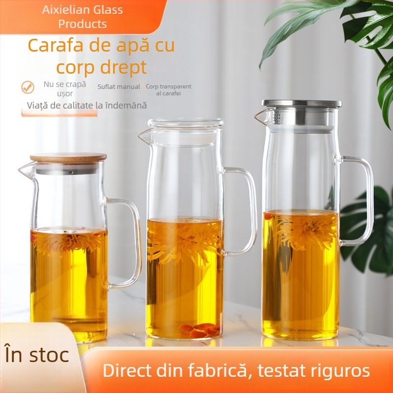 Ceainic din sticlă în stil japonez, capac din bambus, capacitate mare, corp drept, transparent