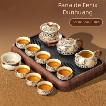 Set Gongfu de ceai Ru Kiln pentru uz casnic, ceainic ceramic de lux și cești de ceai, tavă pentru ceai uscat, set complet de ceai