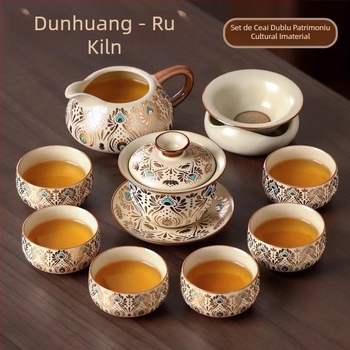 Set Gongfu de ceai Ru Kiln pentru uz casnic, ceainic ceramic de lux și cești de ceai, tavă pentru ceai uscat, set complet de ceai