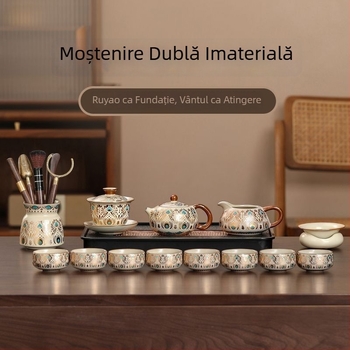 Set Gongfu de ceai Ru Kiln pentru uz casnic, ceainic ceramic de lux și cești de ceai, tavă pentru ceai uscat, set complet de ceai