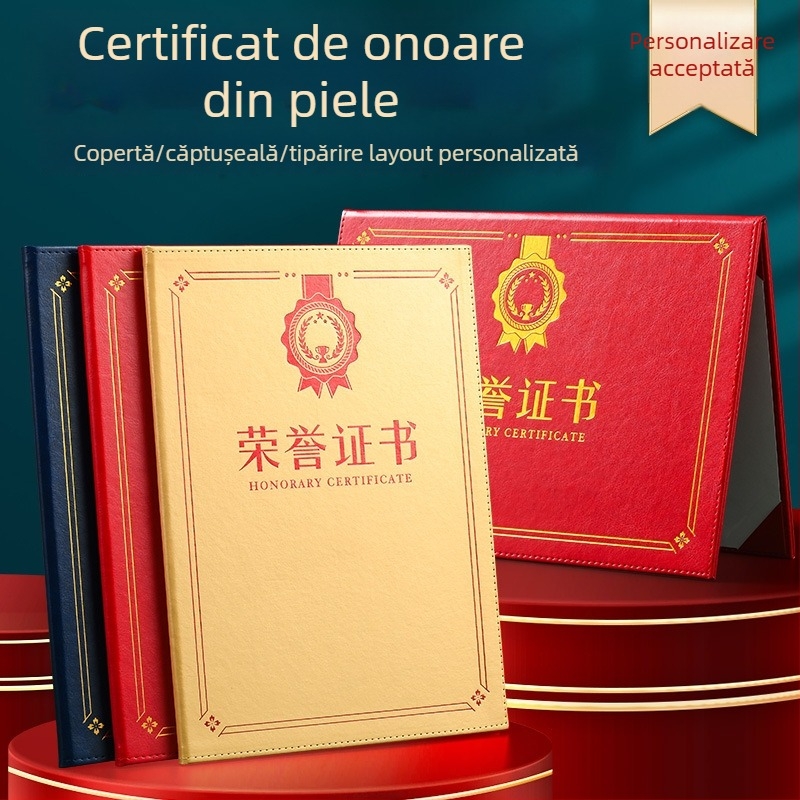Cutie cadou premium cu certificat de onoare, husă din piele cu folie aurie, scrisoare A4 de numire, capac mai gros, certificat de premiu pentru instruire
