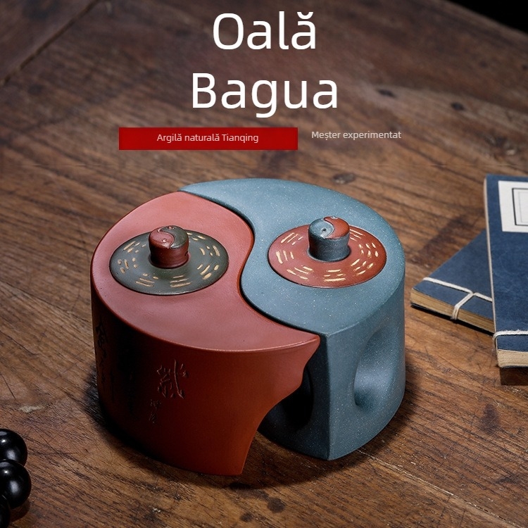 Ceainic din lut mov cu design Bagua, lucrat manual, personalizabil, în cutie cadou